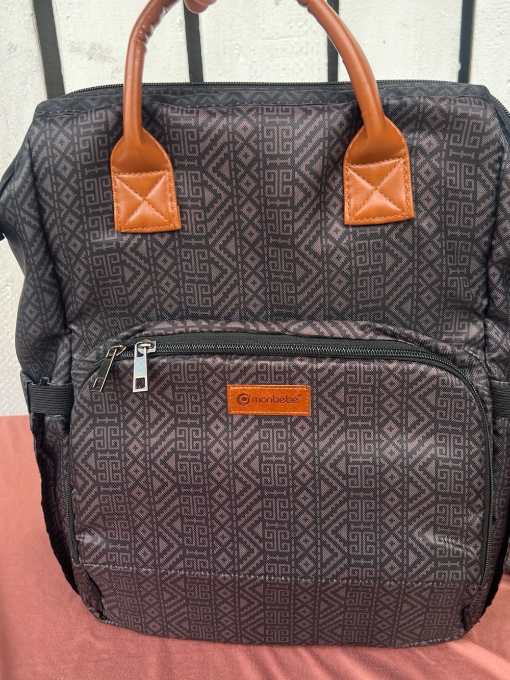 Mono bebe Patterned Backpack in Brown with Tan Accents *SMALL TEAR BUT NEW*